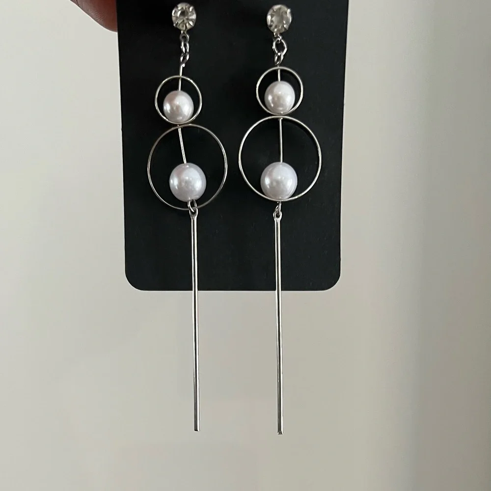 Silver Mod Rhinestone Dangle Earrings - Picture 2 of 2